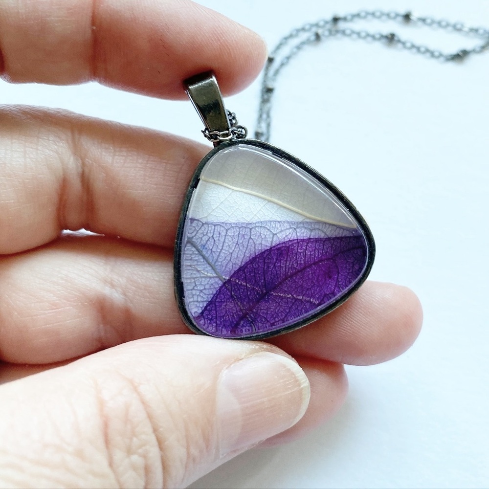 Beautiful Handmade Real Pressed Leaf Necklace Set in a Triangle Setting - Picture 2 of 3